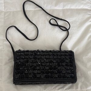 Black Sequin Clutch with Braided Shoulder Strap